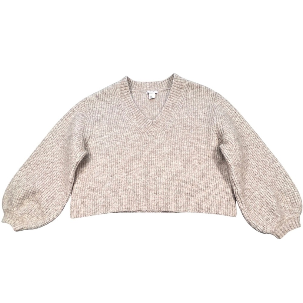 H&M Beige Mohair Wool Blend V-Neck Lantern Sleeve Sweater Womens XS